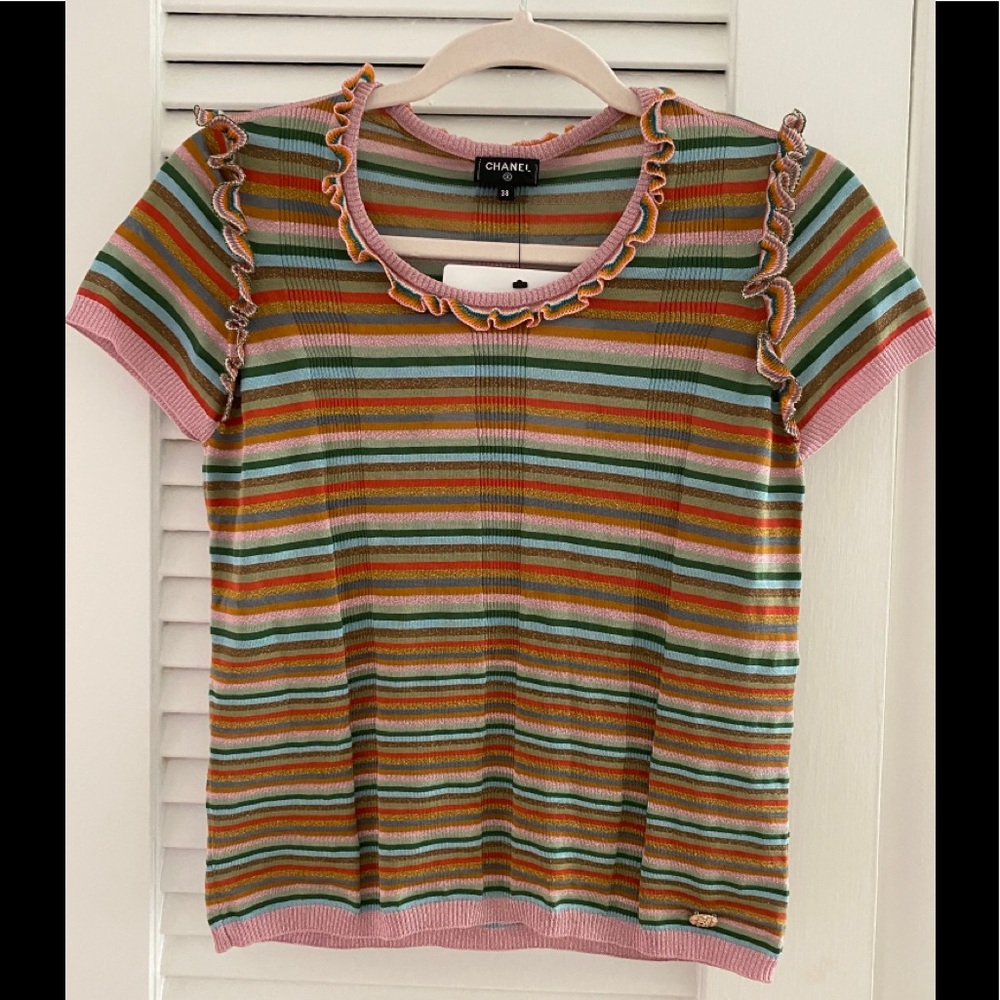 CHANEL multicolored striped short sleeve T-shirt